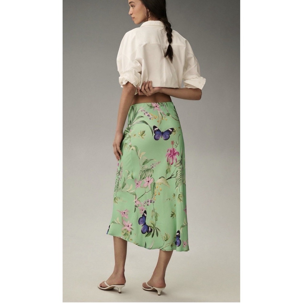 Anthropologie Tilda Slip Skirt Size Small Green Floral Whimsical Butterflies
